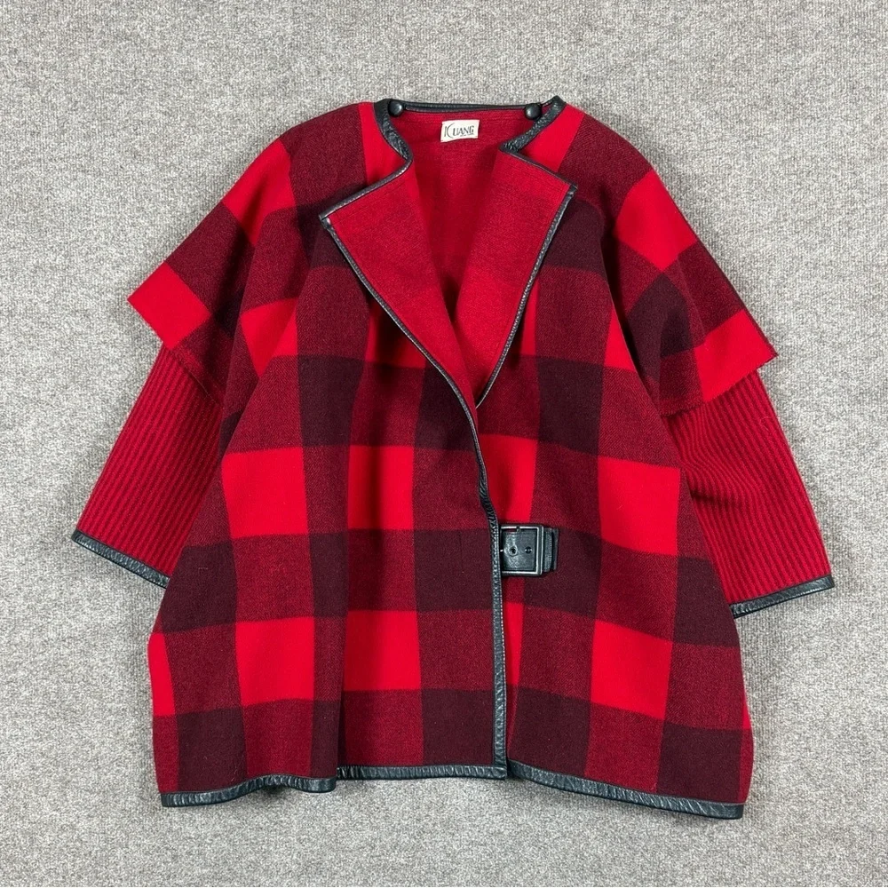 Vintage Red Plaid Cape Poncho Cozy Blanket Jacket Women’s One Size Leather Trim‎